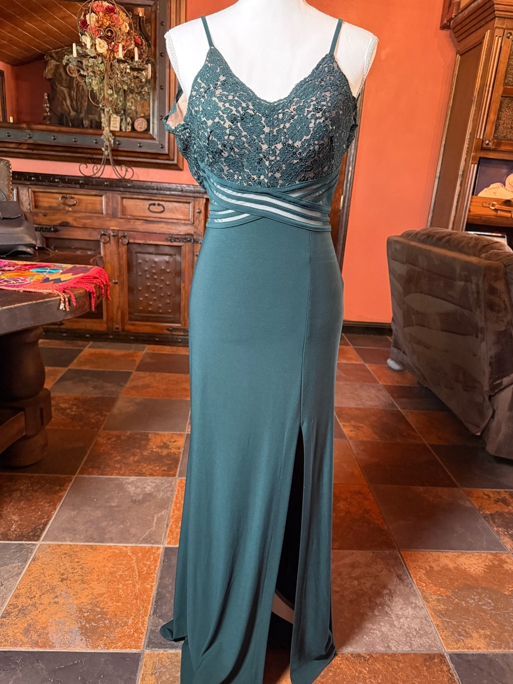 Elegant Teal Lace Bodice Evening Gown